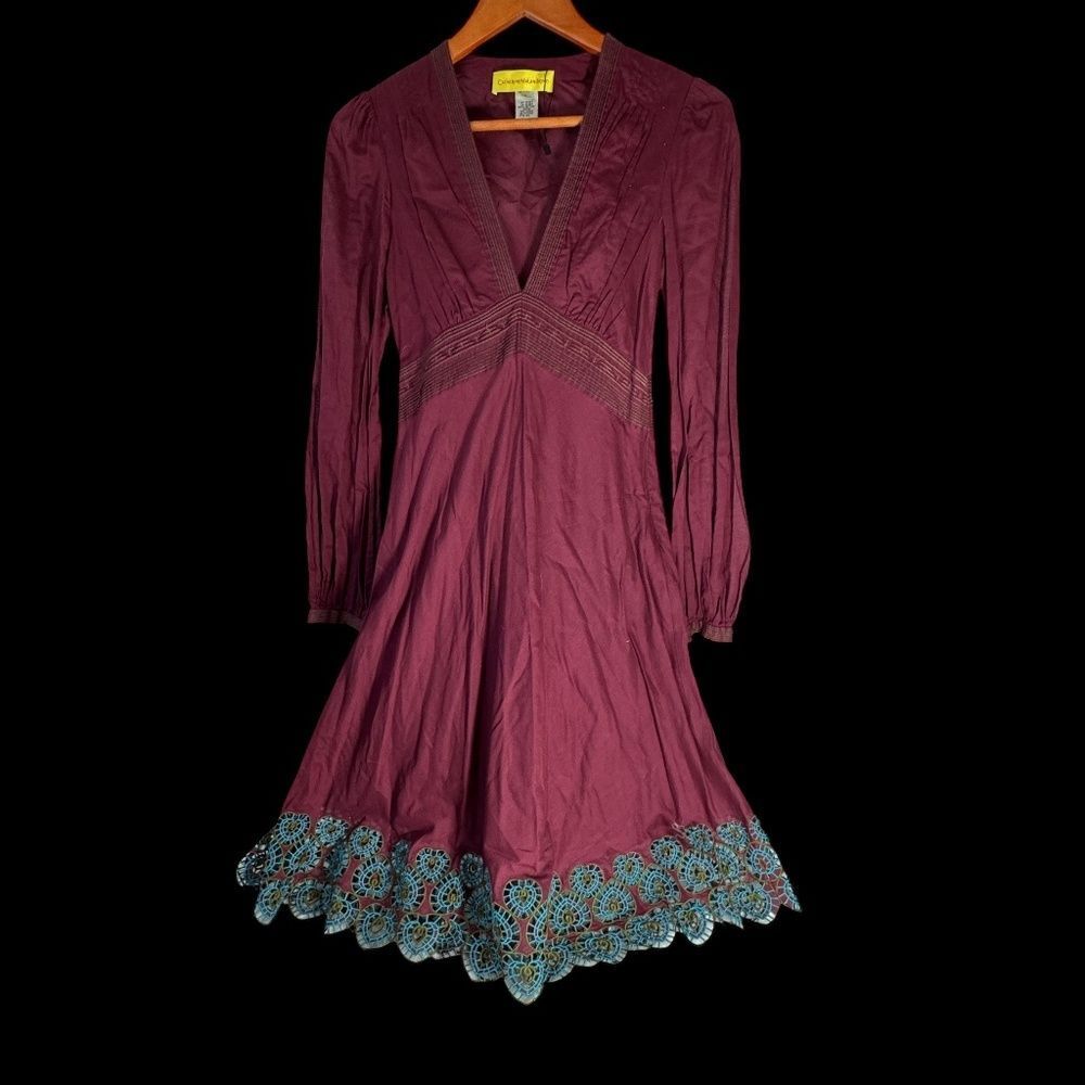 Catherine Malandrino Wine Cotton V-Neck Embroider Trim Dress Sz S